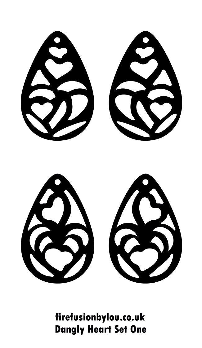 Black heart-shaped earrings on a white background with 'firefusionbylou.co.uk' branding.