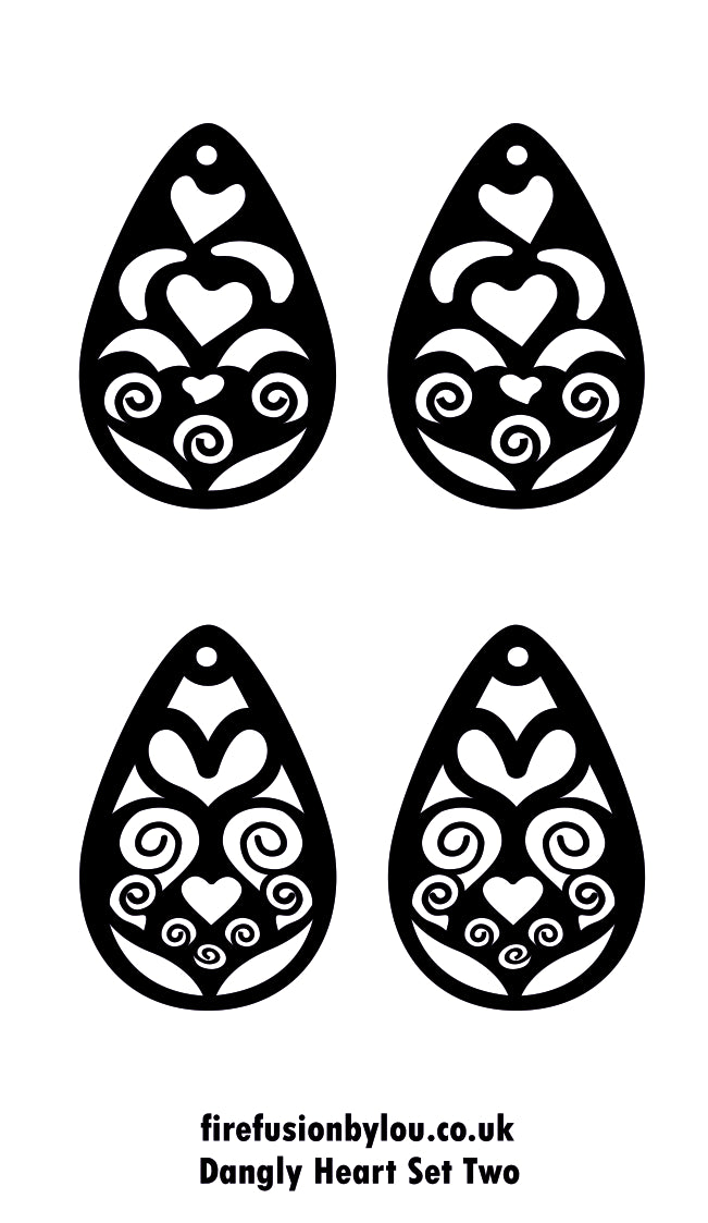 Set of four black and white dangle heart earrings on a white background with branding text.