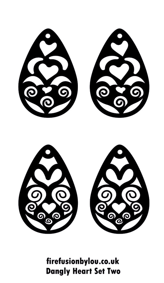 Set of four black and white dangle heart earrings on a white background with branding text.