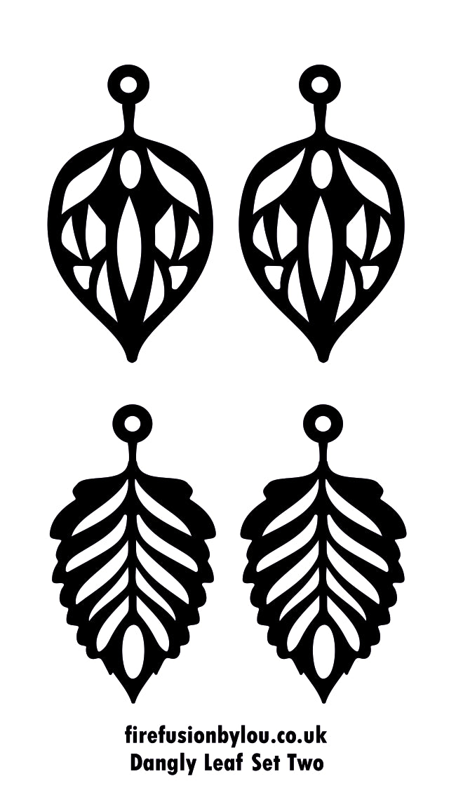 Set of four black dangle leaf earrings on a white background with 'firefusionbylou.co.uk' branding.