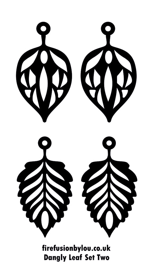Set of four black dangle leaf earrings on a white background with 'firefusionbylou.co.uk' branding.