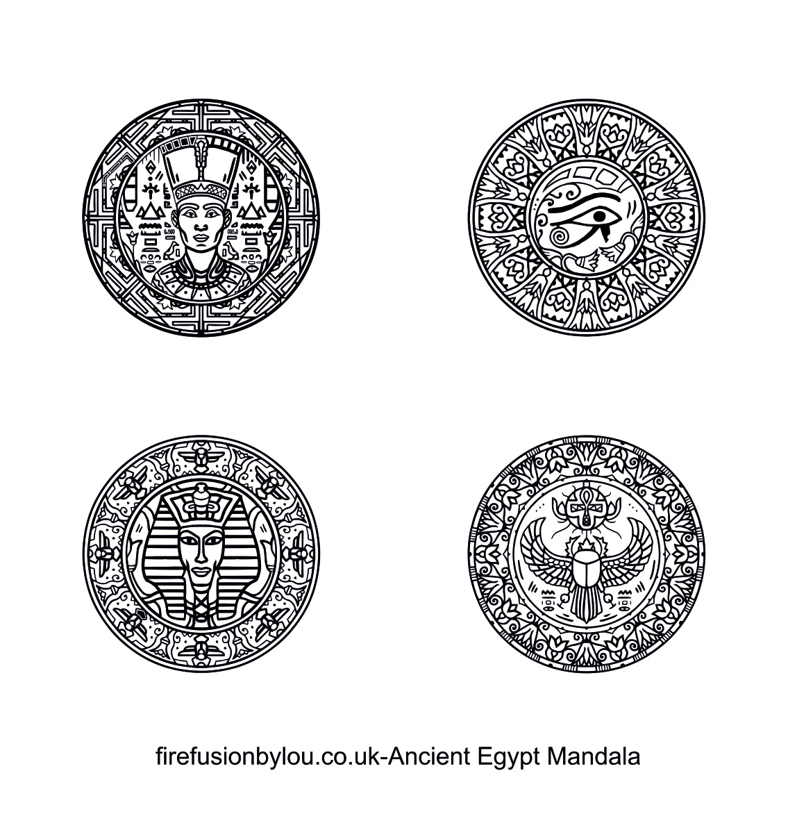 Four circular black and white ancient Egyptian mandala designs arranged in a 2x2 grid on a white background, with the text 'firefusionbylou.co.