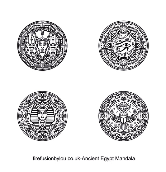 Four circular black and white ancient Egyptian mandala designs arranged in a 2x2 grid on a white background, with the text 'firefusionbylou.co.