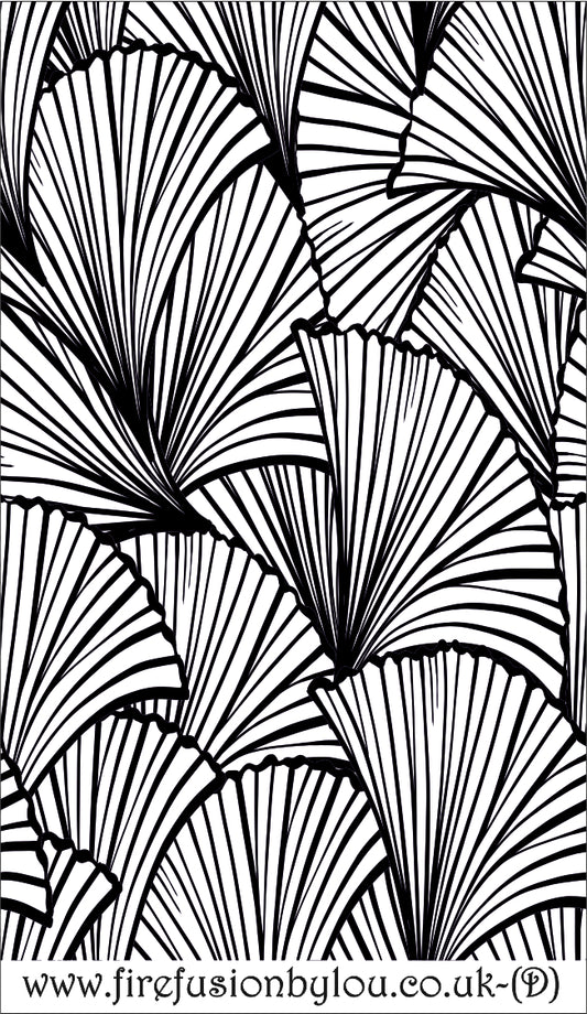A debossed texture mat of fan leaves. This picture shows the texture mat pattern in black and white for use on metal clay or polymer clay.