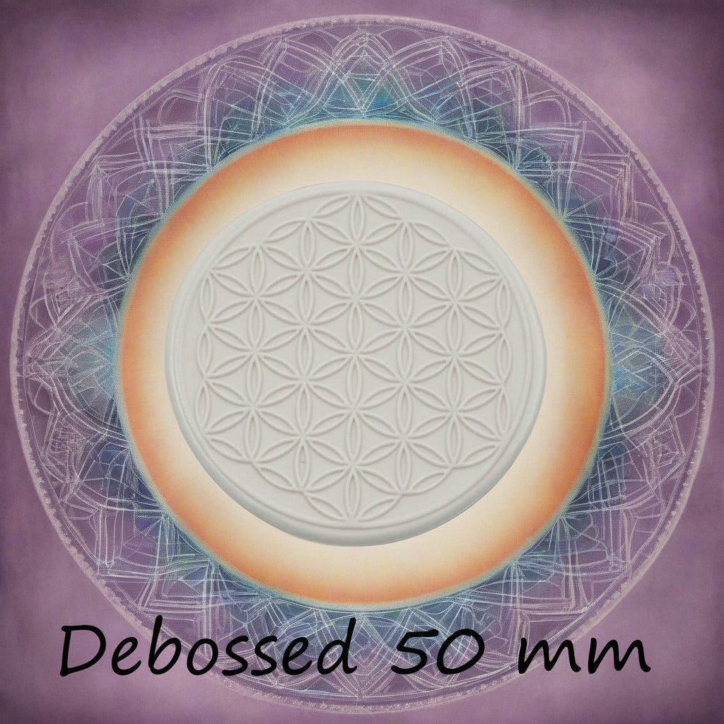 50 mm Flower of Life design embossed in clay Using a debossed texture mat. This will give you an idea of what it will look like on metal clay or polymer clay