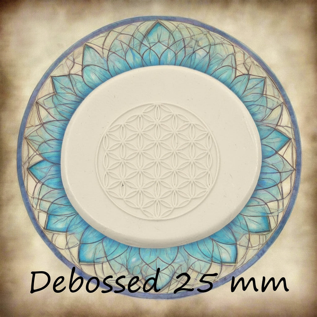 25 mm Flower of Life design embossed in clay Using a debossed texture mat. This will give you an idea of what it will look like on metal clay or polymer clay