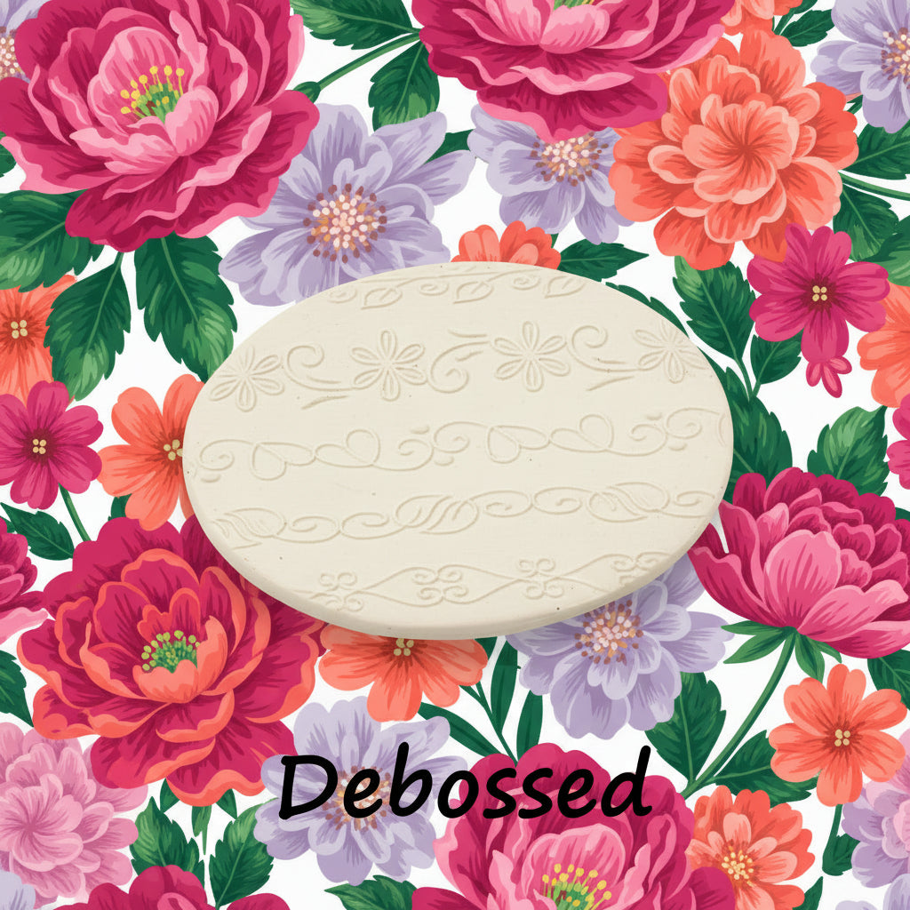 flowery patterns embossed in  clay using a debossed texture mat.