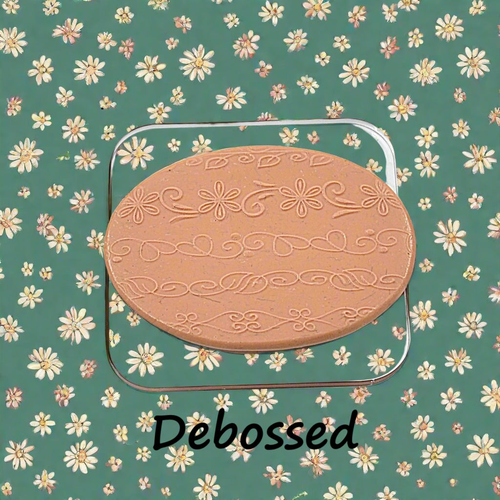flowery patterns embossed in silly putty Using a debossed texture mat.. This will give you an idea of what it will look like on metal clay or polymer clay.