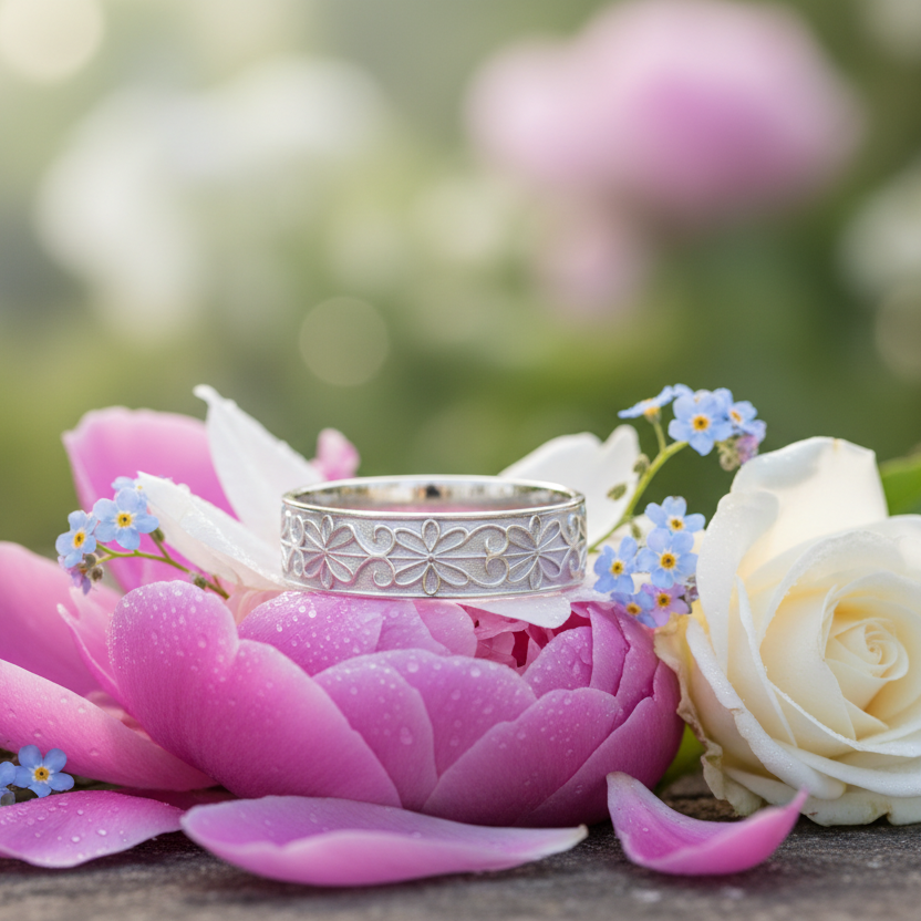 Silver ring on a pink flower with a blurred floral background