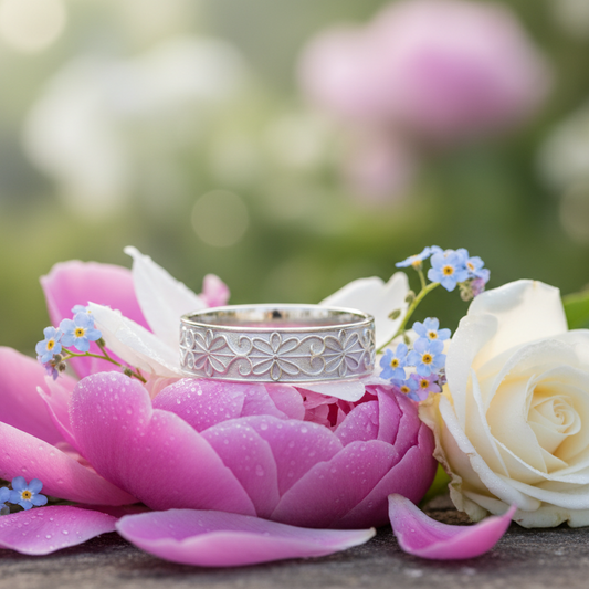 Silver ring on a pink flower with a blurred floral background