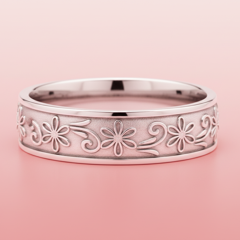 Silver ring with floral patterns on a pink background