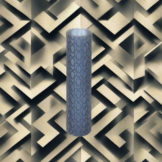 A cylindrical textured roller for metal clay or polymer clay, with a geometric floral repeat design, displayed against a geometric patterned background.