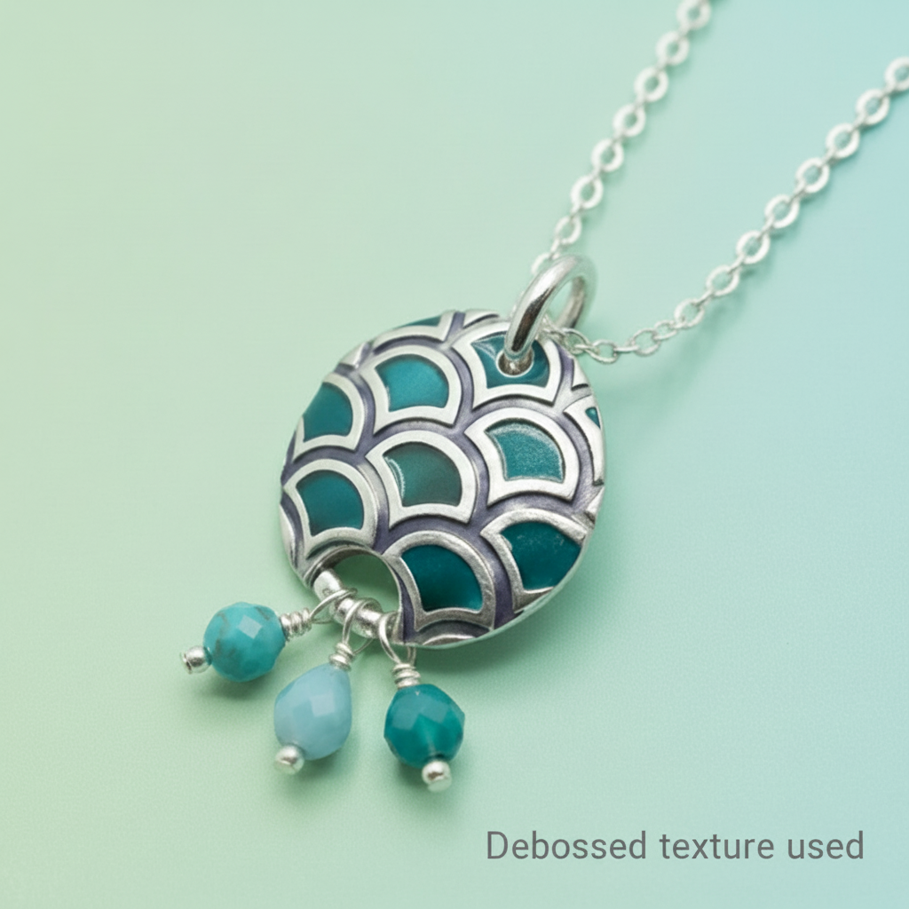 Necklace with a decorative pendant and turquoise beads on a light green background