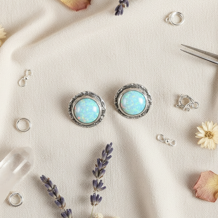 Pair of silver earrings with light blue Bello Opals on a textured surface with flowers and jewellery tools.