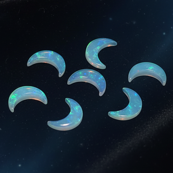 Six crescent-shaped opal cabochons with a milky white base and vibrant blue, green, and purple flashes, arranged on a dark starry background.