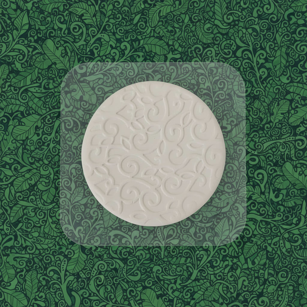 A clay stamp with an embossed floral scroll pattern, resting on a clear square.