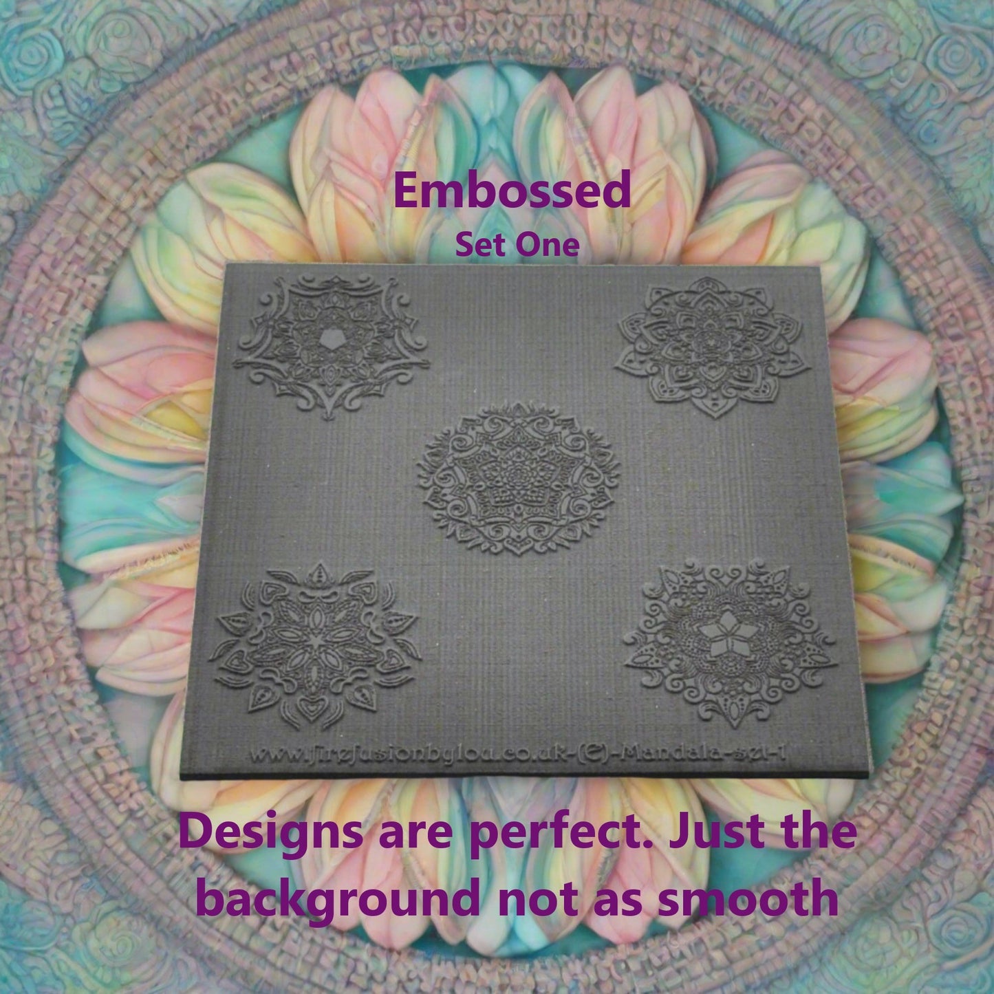An embossed & debossed texture mat of intricate mandala. This one is reduced as background engrave not smooth. Use on metal clay or polymer clay.
