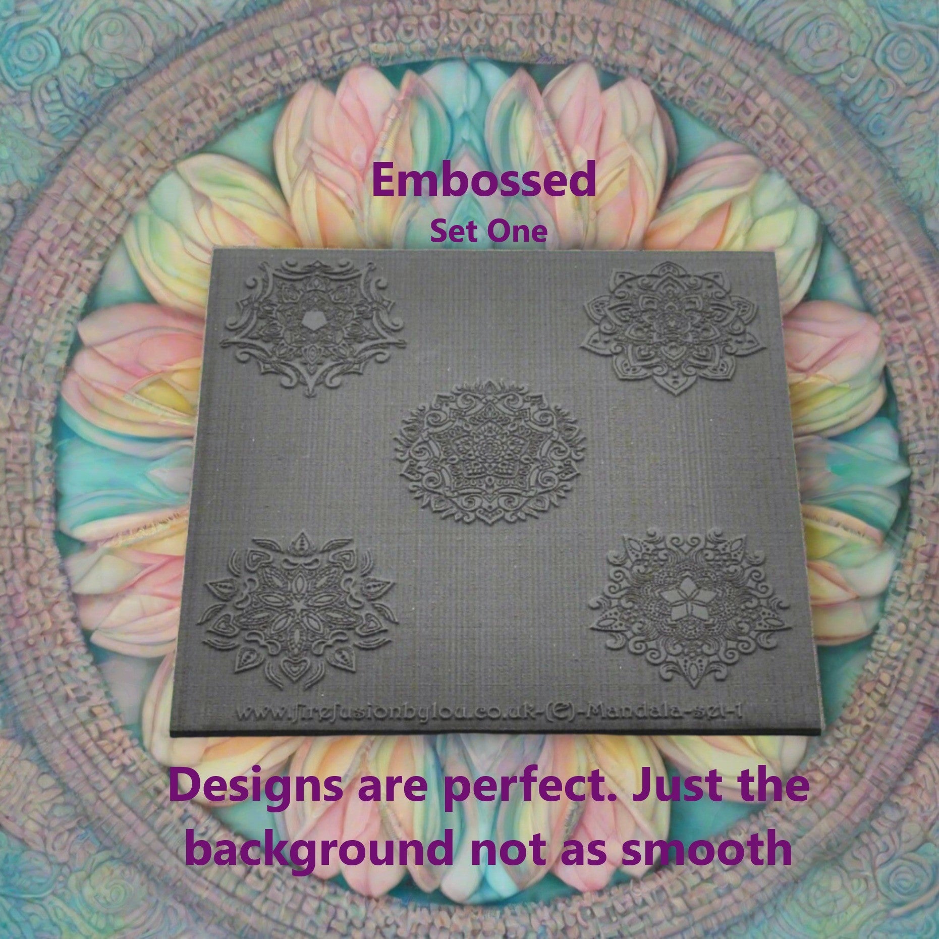 An embossed & debossed texture mat of intricate mandala. This one is reduced as background engrave not smooth. Use on metal clay or polymer clay.

