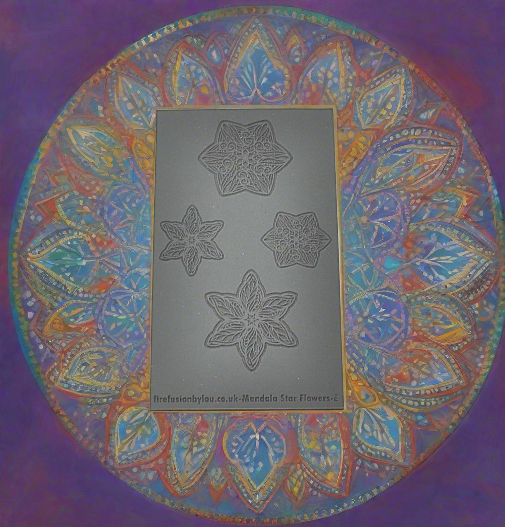 An embossed texture mat with mandala star flowers. Use to make an impression on metal clay and polymer clay.