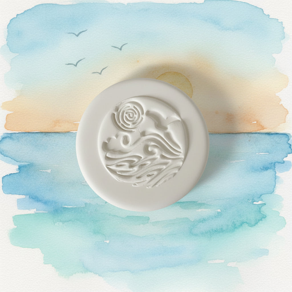 white clay stamped with wave design on a watercolour sea background.