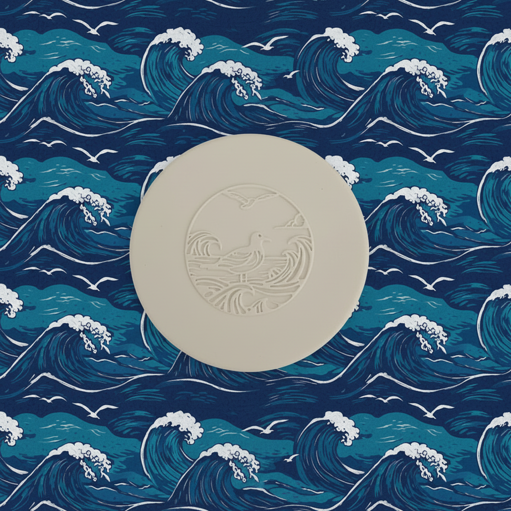A round white clay featuring an embossed circular design of a seagull on stylized waves.