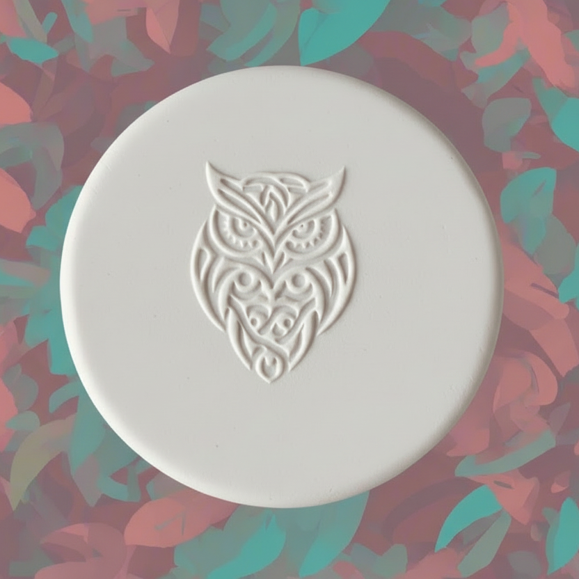 Round clay object with owl design on a colourful leaf-patterned background