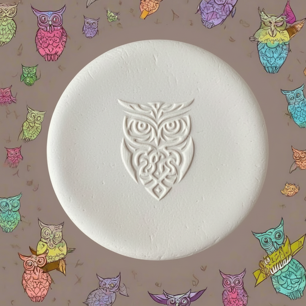 Round clay object with an owl design surrounded by colourful owl illustrations on a patterned background.
