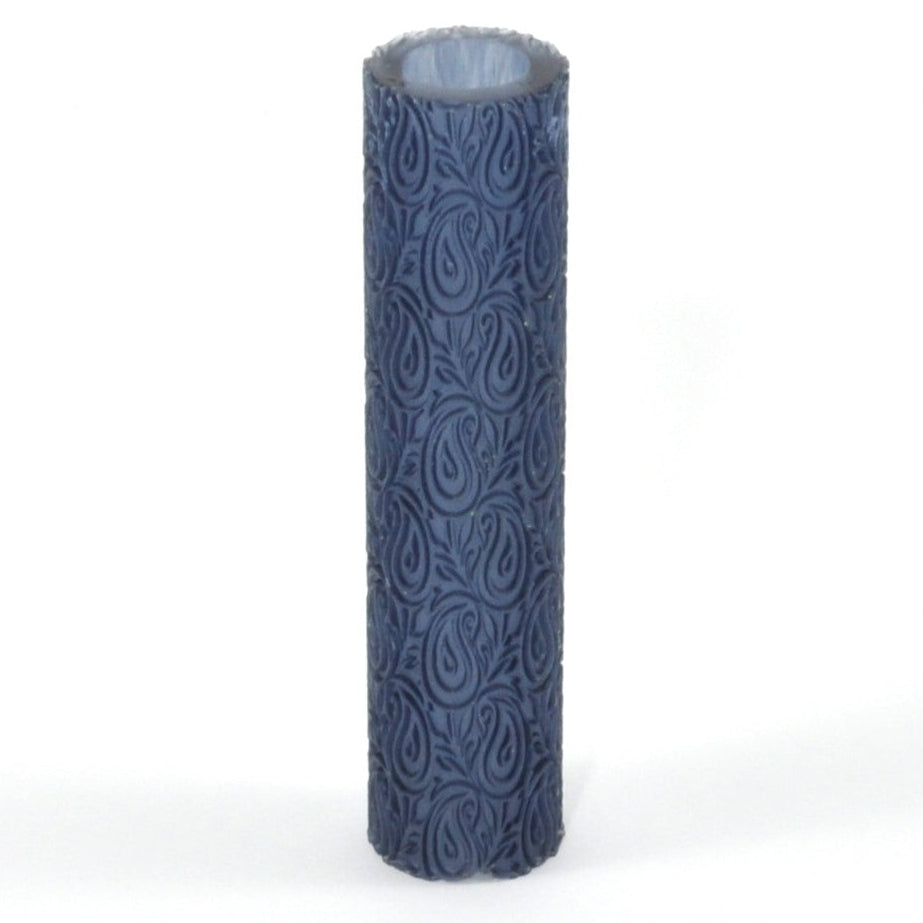 Roller of blue patterned paisley repeat on a white background