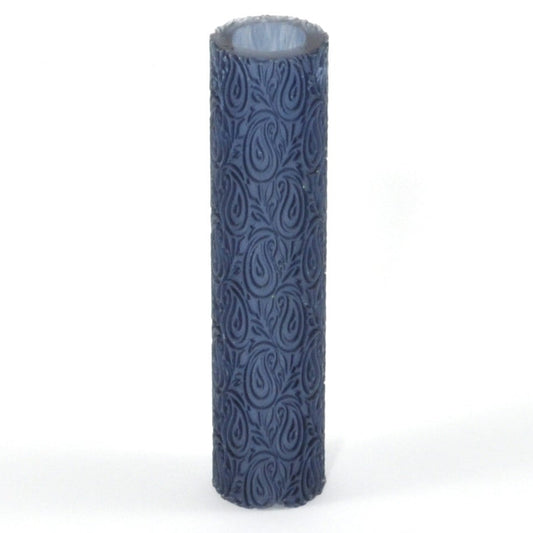 Roller of blue patterned paisley repeat on a white background