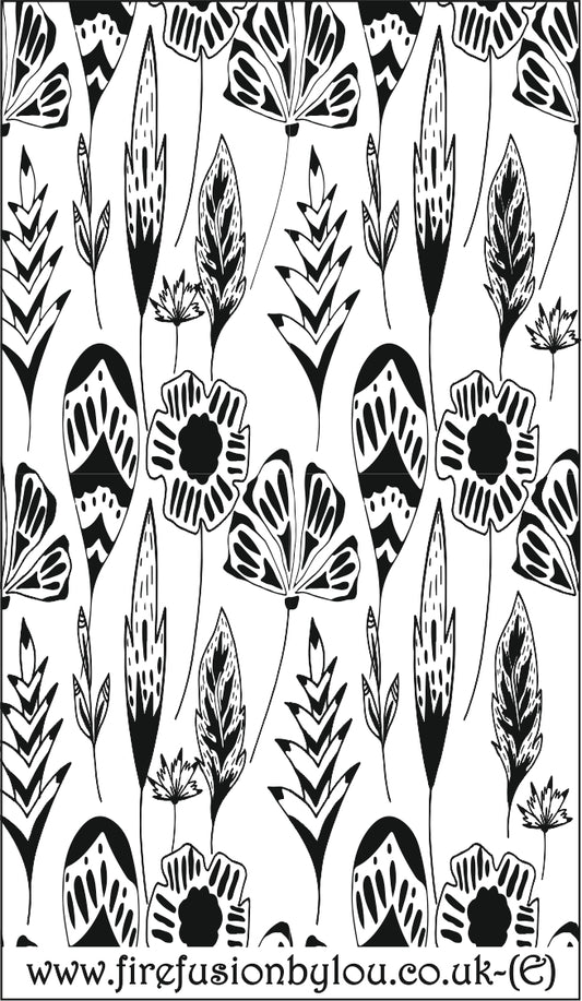 A debossed texture mat of flowers. This picture shows the texture mat pattern in black and white for use on metal clay or polymer clay.