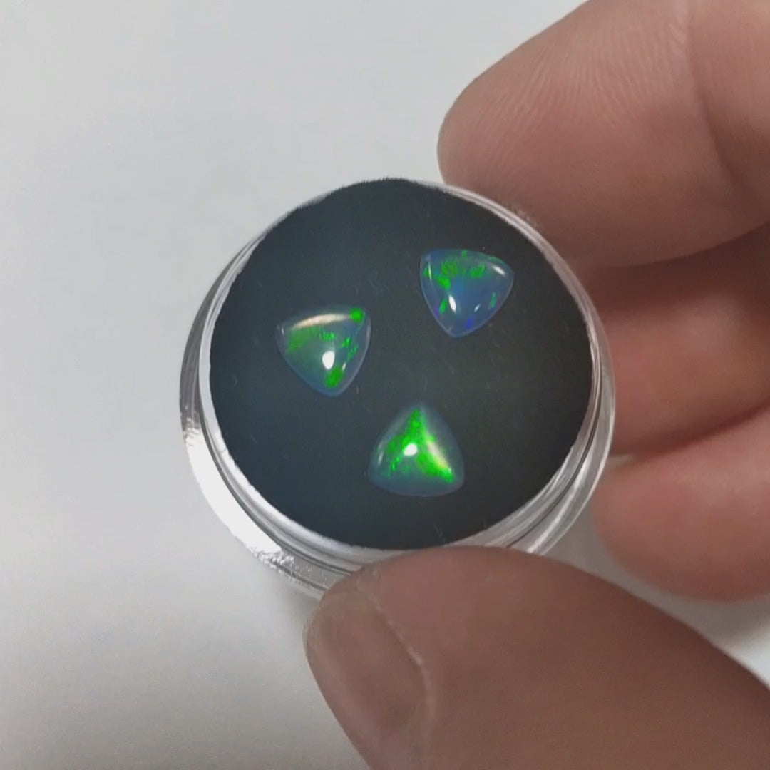 Three water opals with green fire displayed on a gem box with a hand showing the green flash