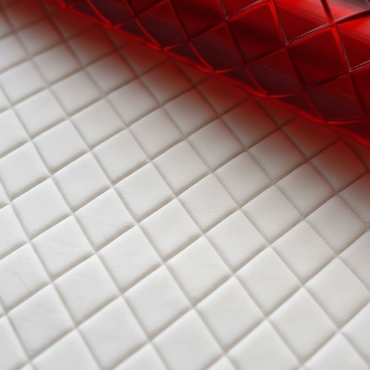 Close-up of red quilted roller design on a white quilted surface