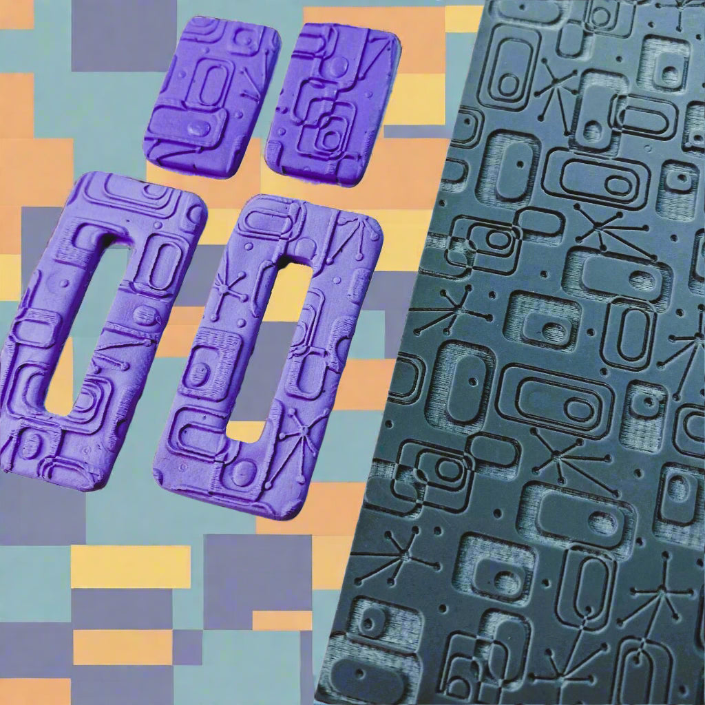 A retro pattern embossed in polymer clay. This will give you an idea of what the embossed texture mat will look like .
