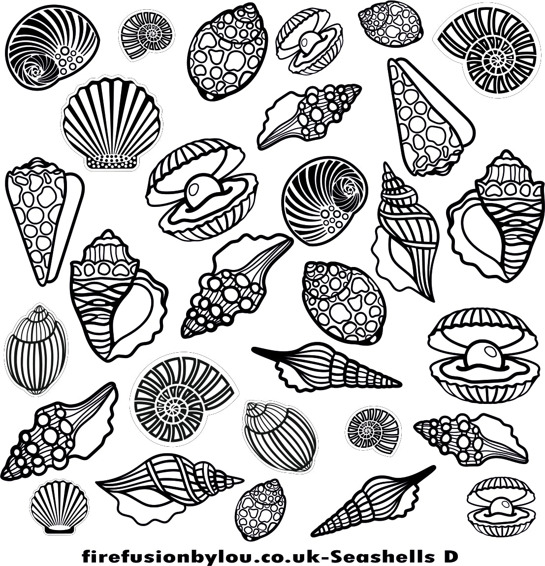A debossed texture mat of shells. This picture shows the texture mat pattern in black and white for use on metal clay or polymer clay.
