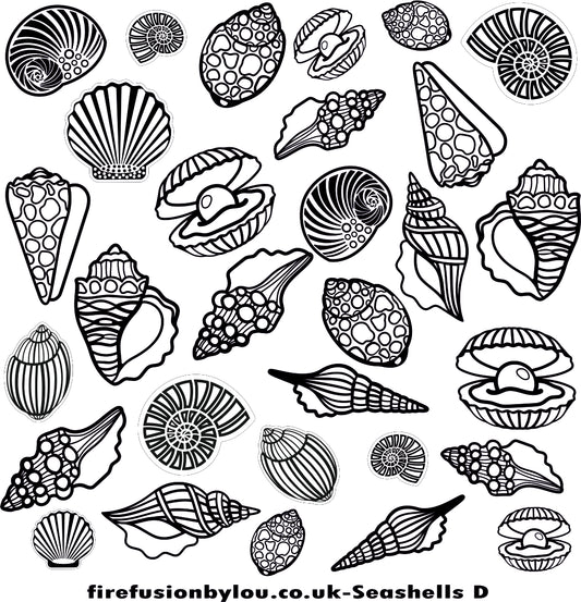 A debossed texture mat of shells. This picture shows the texture mat pattern in black and white for use on metal clay or polymer clay.
