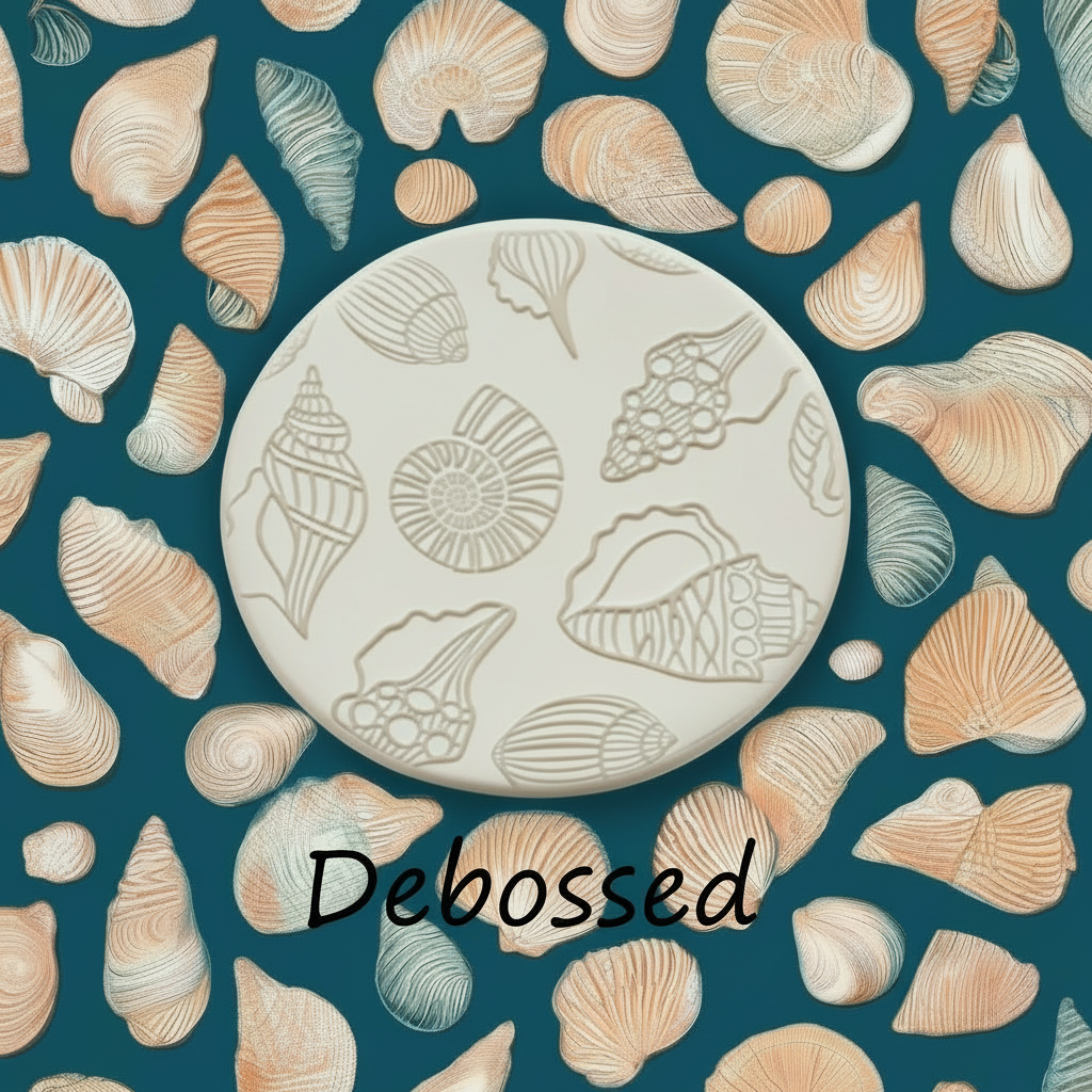 Debossed clay with shell patterns surrounded by embossed shells on a blue background