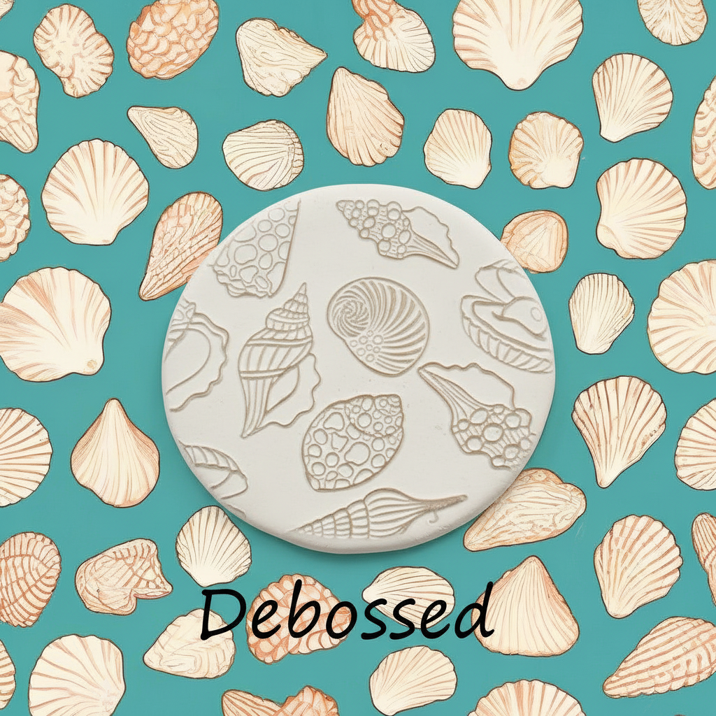 Debossed shell pattern on a teal background with 'Debossed' text.