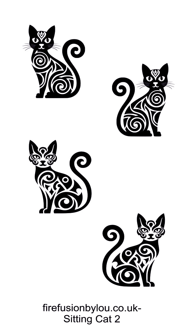 Four black stylized sitting cat illustrations with swirling tribal-style patterns on a white background, with the text 'firefusionbylou.co.