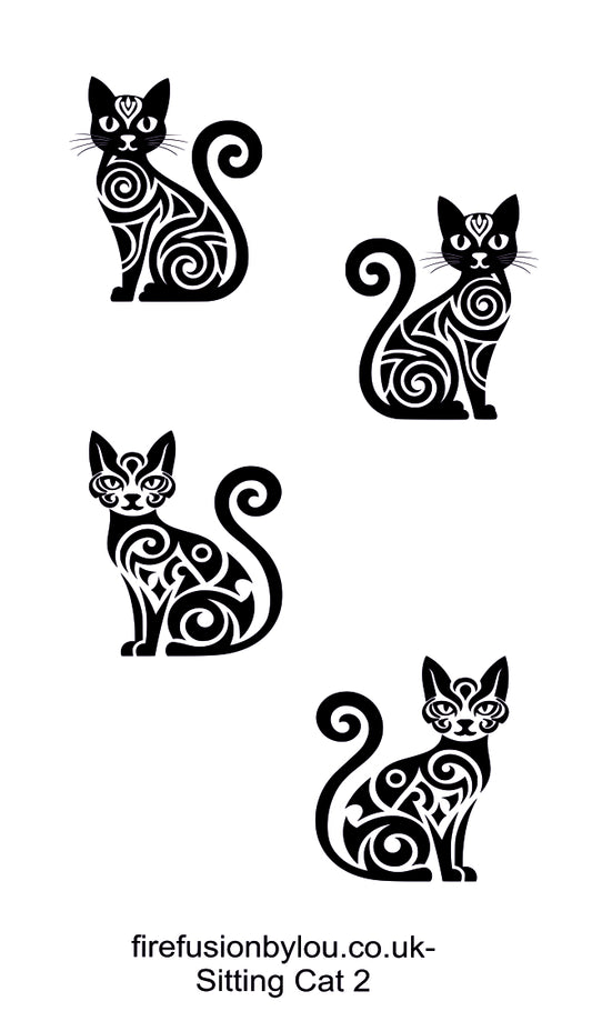 Four black stylized sitting cat illustrations with swirling tribal-style patterns on a white background, with the text 'firefusionbylou.co.