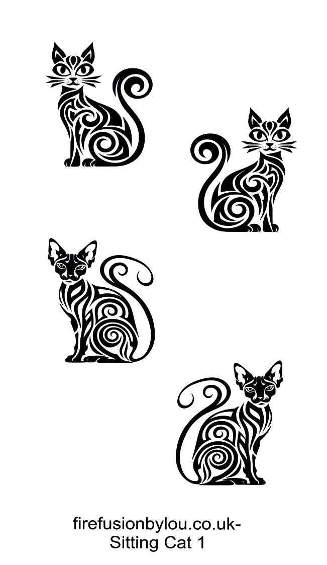 Four black cat illustrations with swirling tribal-style patterns on a white background, with the text 'firefusionbylou.co.