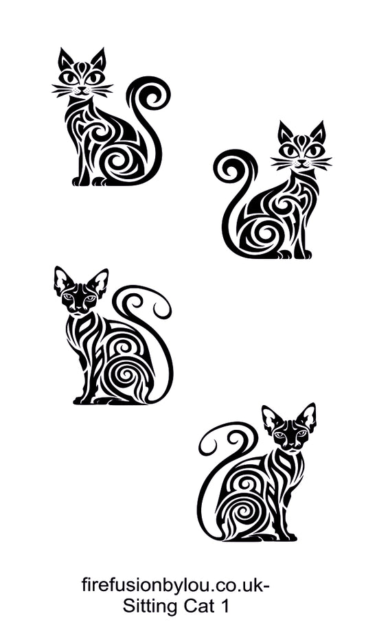 Four black cat illustrations with swirling tribal-style patterns on a white background, with the text 'firefusionbylou.co.