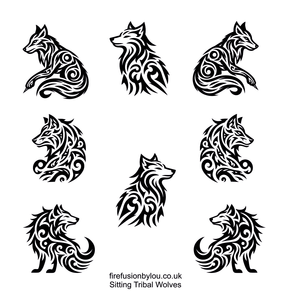 A set of nine black tribal wolf vector designs arranged in a 3x3 grid on a white background, with the text 'firefusionbylou.co.