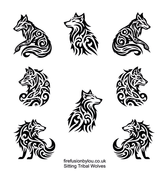 A set of nine black tribal wolf vector designs arranged in a 3x3 grid on a white background, with the text 'firefusionbylou.co.