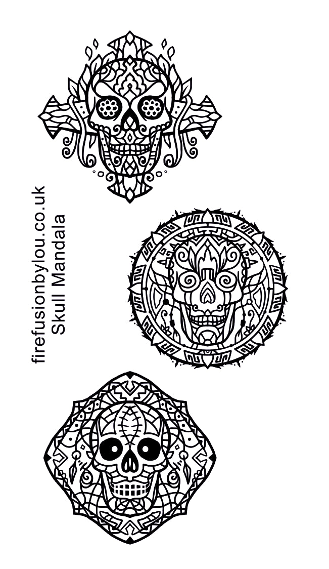 Three black and white Day of the Dead sugar skull designs arranged vertically on a white background, with the text 'firefusionbylou.co.