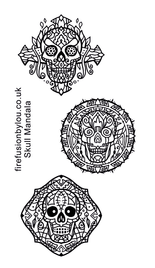 Three black and white Day of the Dead sugar skull designs arranged vertically on a white background, with the text 'firefusionbylou.co.