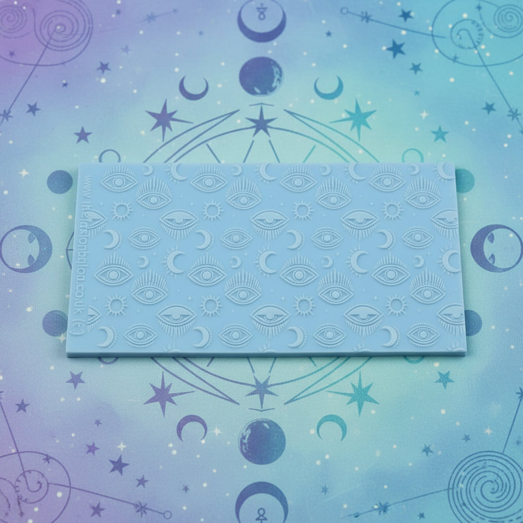 Blue embossed compound with eye and moon pattern on a starry night sky background