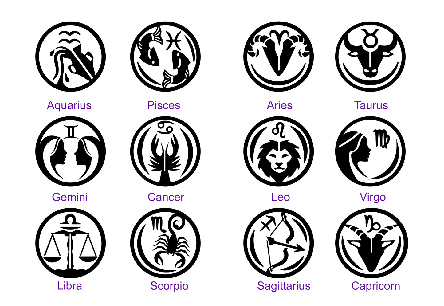 A 3x4 grid of black zodiac symbol icons with purple labels underneath, including Aquarius, Pisces, Aries, Taurus, Gemini, Cancer, Leo, Virgo, Libra, Scorpio, Sagittarius, and Capricorn, on a white background.
