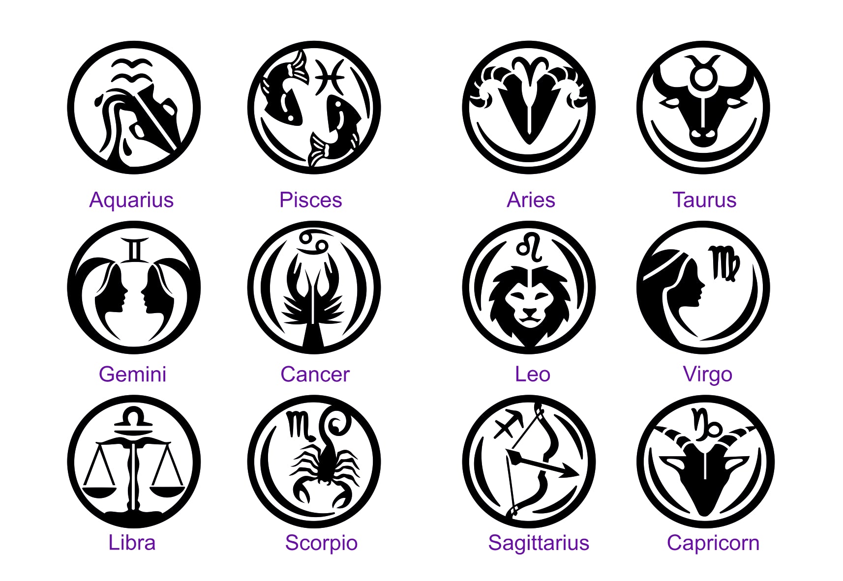 A 3x4 grid of black zodiac symbol icons with purple labels underneath, including Aquarius, Pisces, Aries, Taurus, Gemini, Cancer, Leo, Virgo, Libra, Scorpio, Sagittarius, and Capricorn, on a white background.