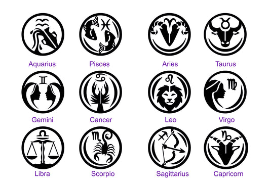 A 3x4 grid of black zodiac symbol icons with purple labels underneath, including Aquarius, Pisces, Aries, Taurus, Gemini, Cancer, Leo, Virgo, Libra, Scorpio, Sagittarius, and Capricorn, on a white background.
