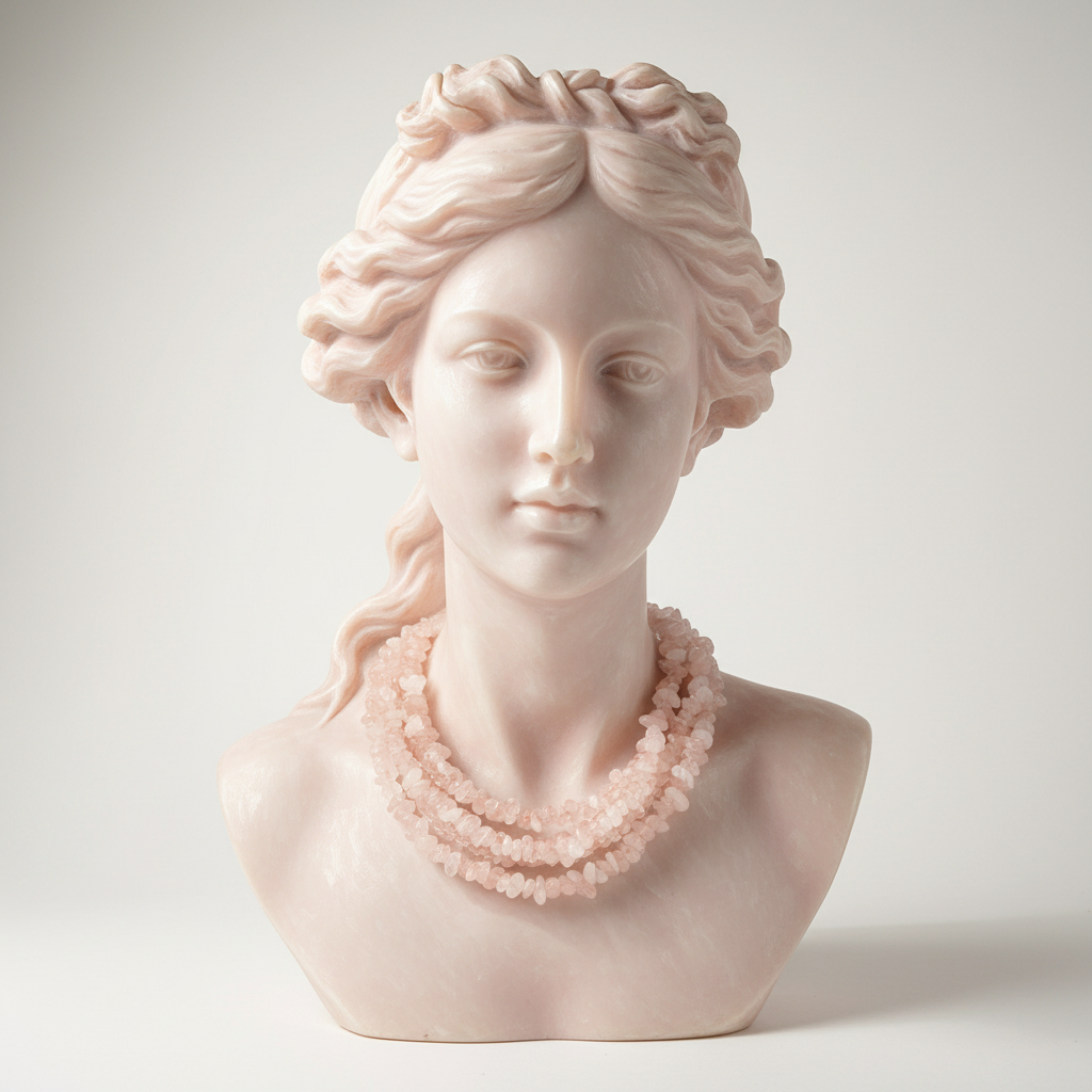 Bust of a woman wearing a pink necklace on a white background